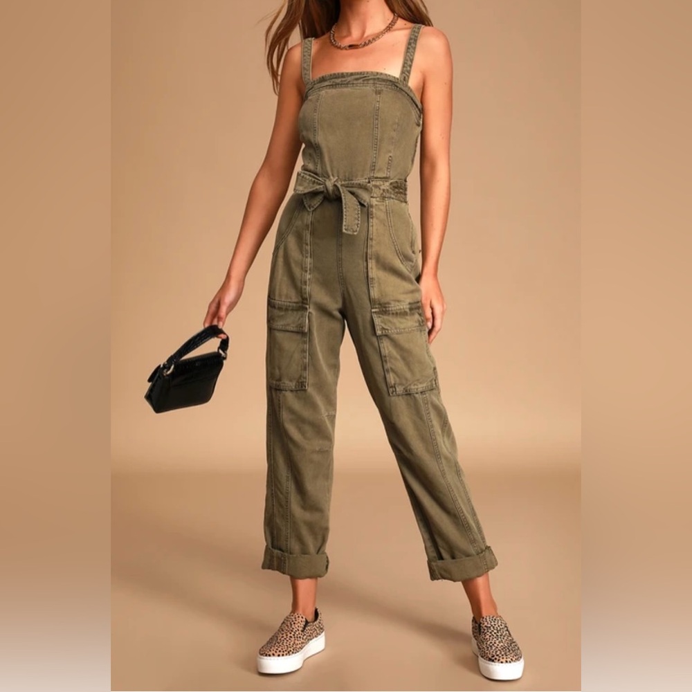 Free People, Go West Olive Green Utility Denim Jumpsuit, size: XS